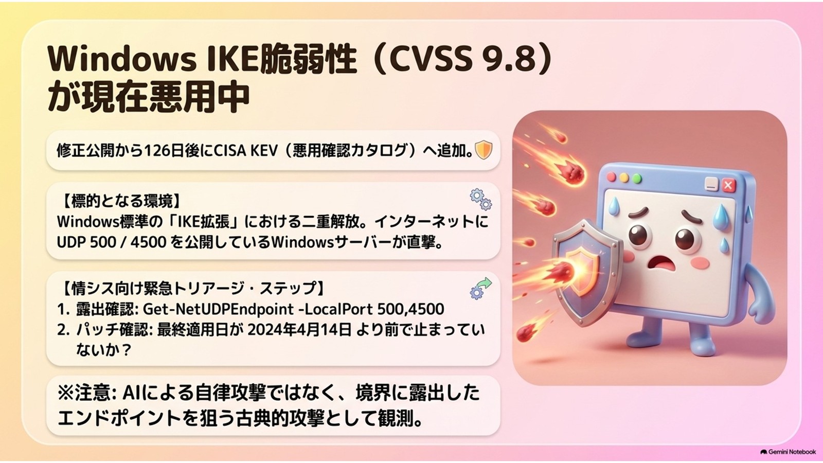 Windows IKE脆弱性が悪用中、4月更新の確認を